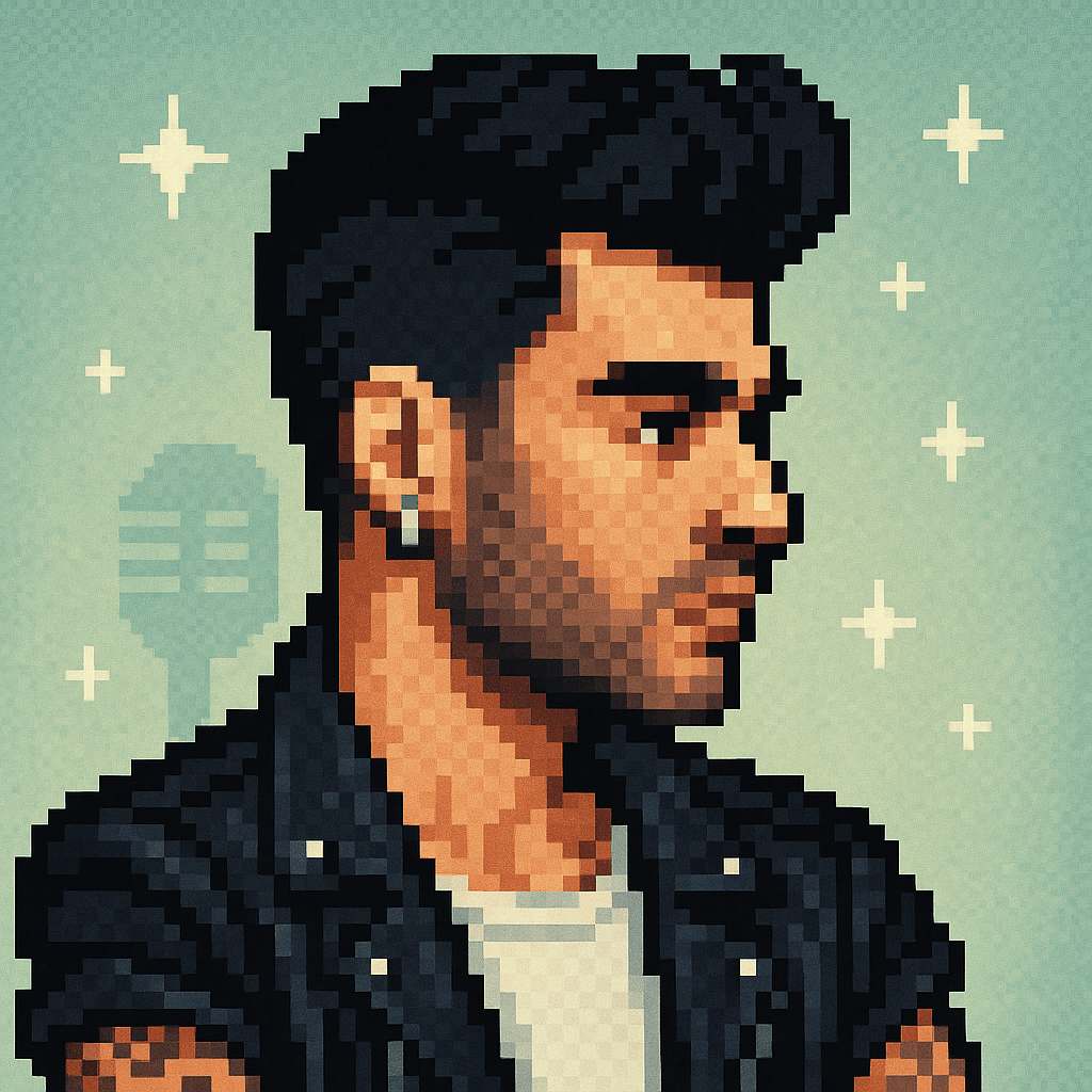 Pixel-art Grifter: quiffed heartthrob in a leather jacket against a mint gradient
