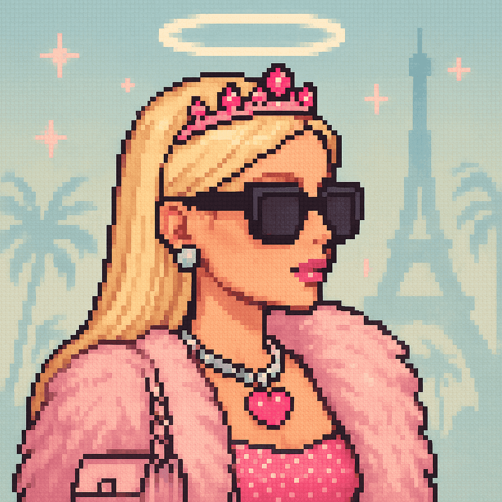 Pixel-art Grifter: blonde socialite in a pink fur coat, tiara and halo against a pale blue Paris skyline