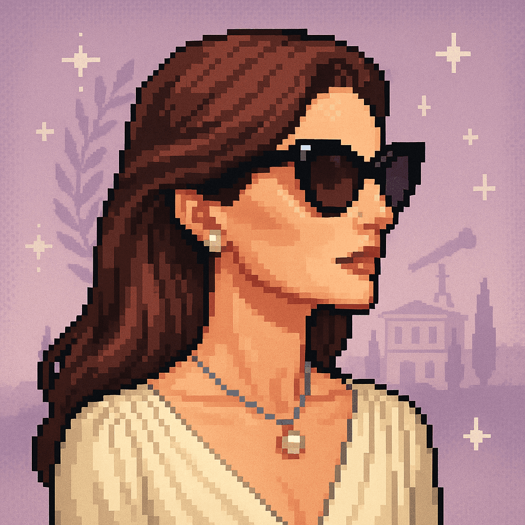 Pixel-art Grifter: elegant woman in a cream gown and sunglasses against a lavender background