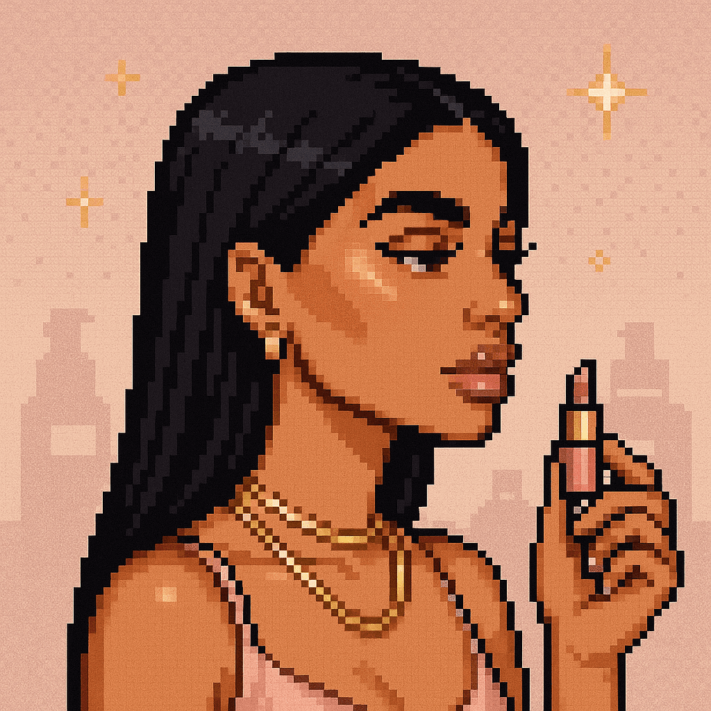Pixel-art Grifter: beauty mogul with sleek black hair in a blush silk dress against a rose-pink gradient