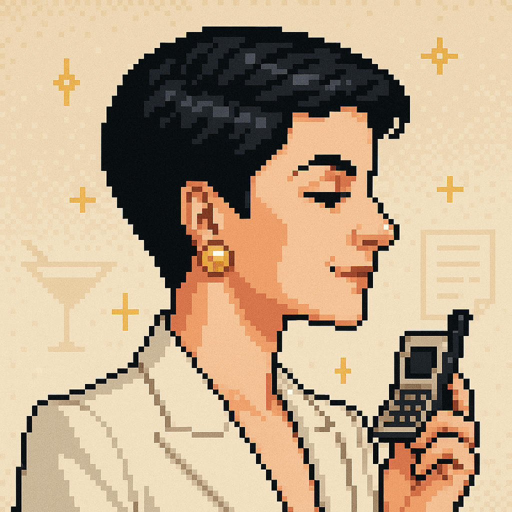 Pixel-art Grifter: matriarch in a white power suit with a flip phone against a champagne gradient
