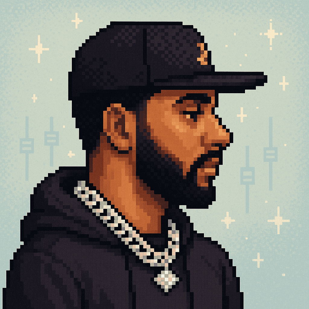 Pixel-art Grifter: producer in a black cap with an iced-out chain against an ice-blue gradient