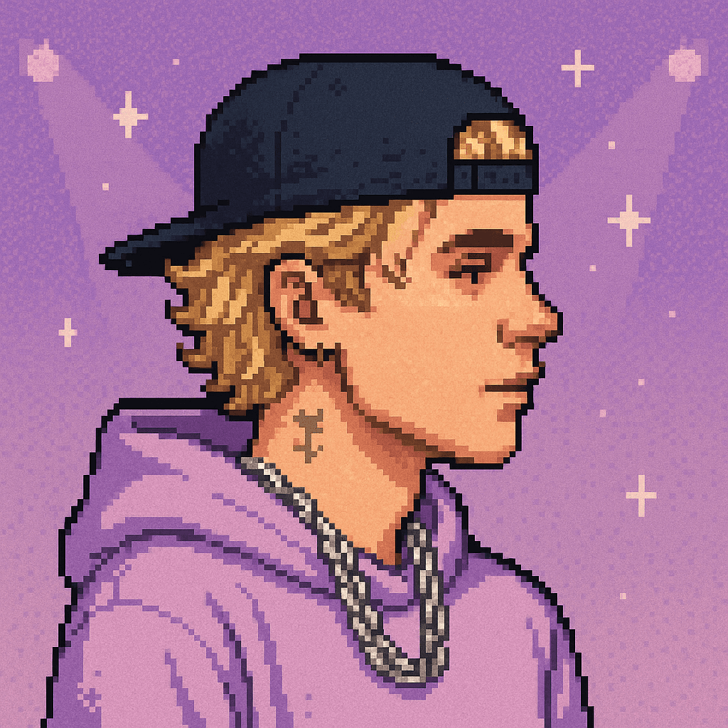 Pixel-art Grifter: blonde pop star in a lavender hoodie and backwards cap against a lilac gradient