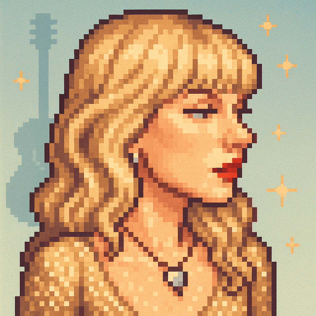Pixel-art Grifter: blonde singer-songwriter in a champagne sequin dress against a sky-blue gradient
